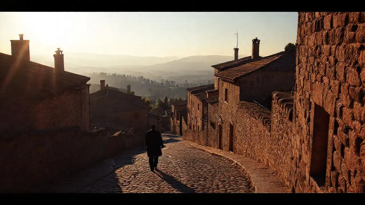 Pueblo antiguo, luz suave y atmósfera serena