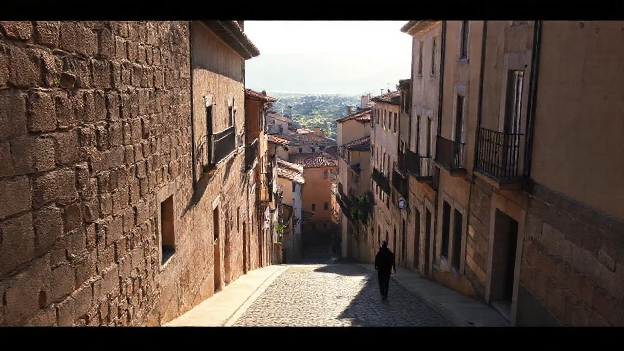 Pueblo español, luz cálida y ambiente histórico