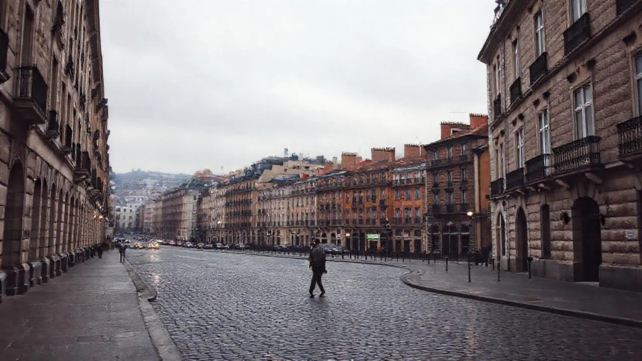 Calle empedrada, arquitectura y figura solitaria
