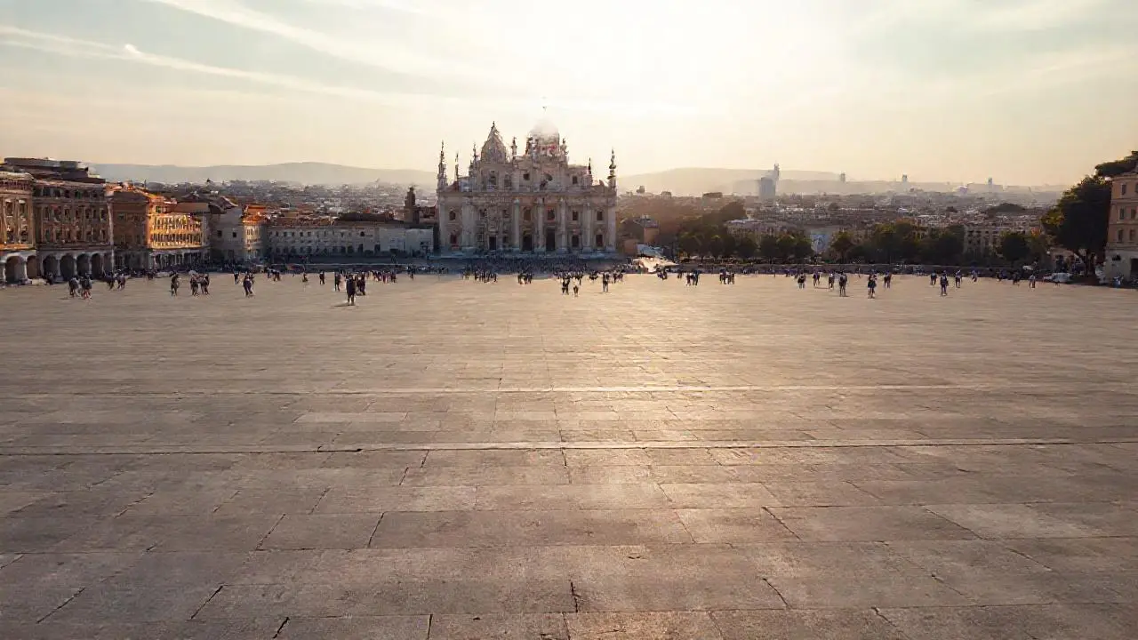 Amplia plaza, luz cálida y perspectiva distante
