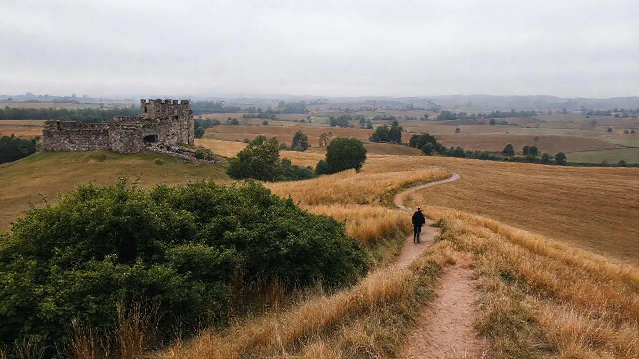 Paisaje rural, castillo antiguo, figura solitaria