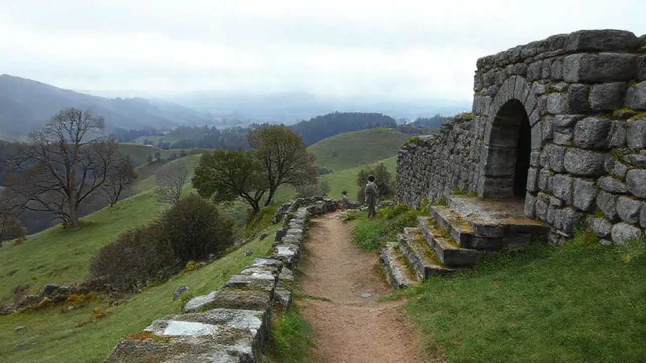 Ruinas antiguas en paisaje rural, distante