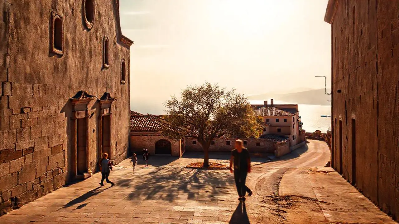 Vieja plaza, luz suave, ambiente tranquilo