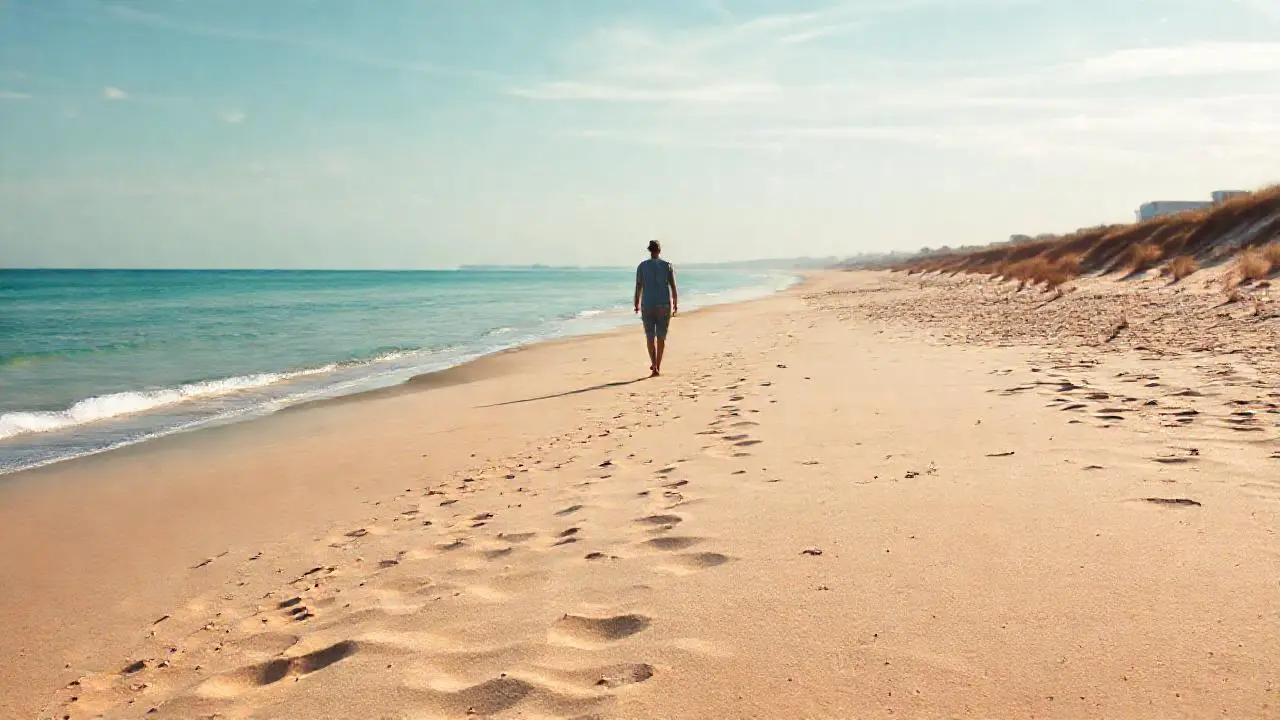 Playa serena, figura solitaria, luz suave
