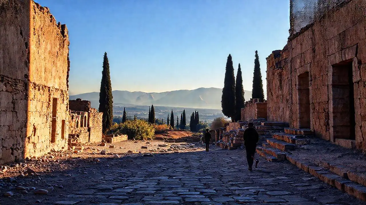 Ruinas antiguas bajo cielo brumoso