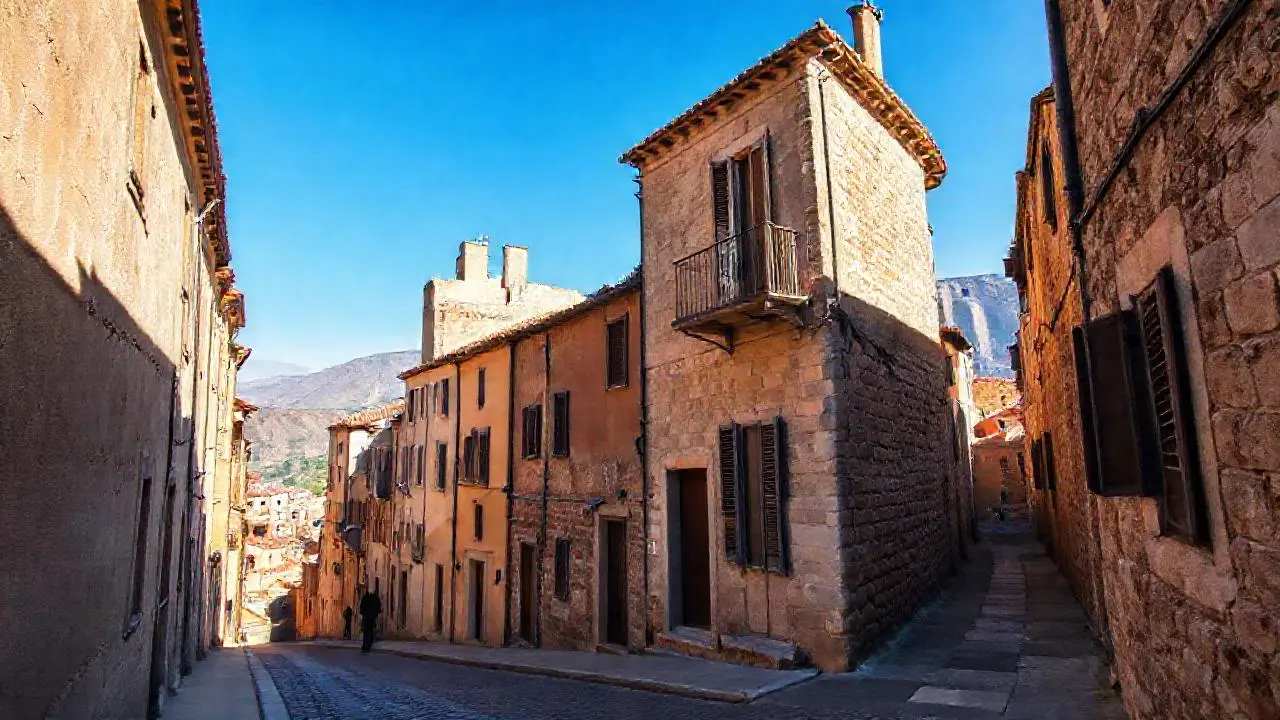 Pueblo antiguo, luz cálida, ambiente histórico