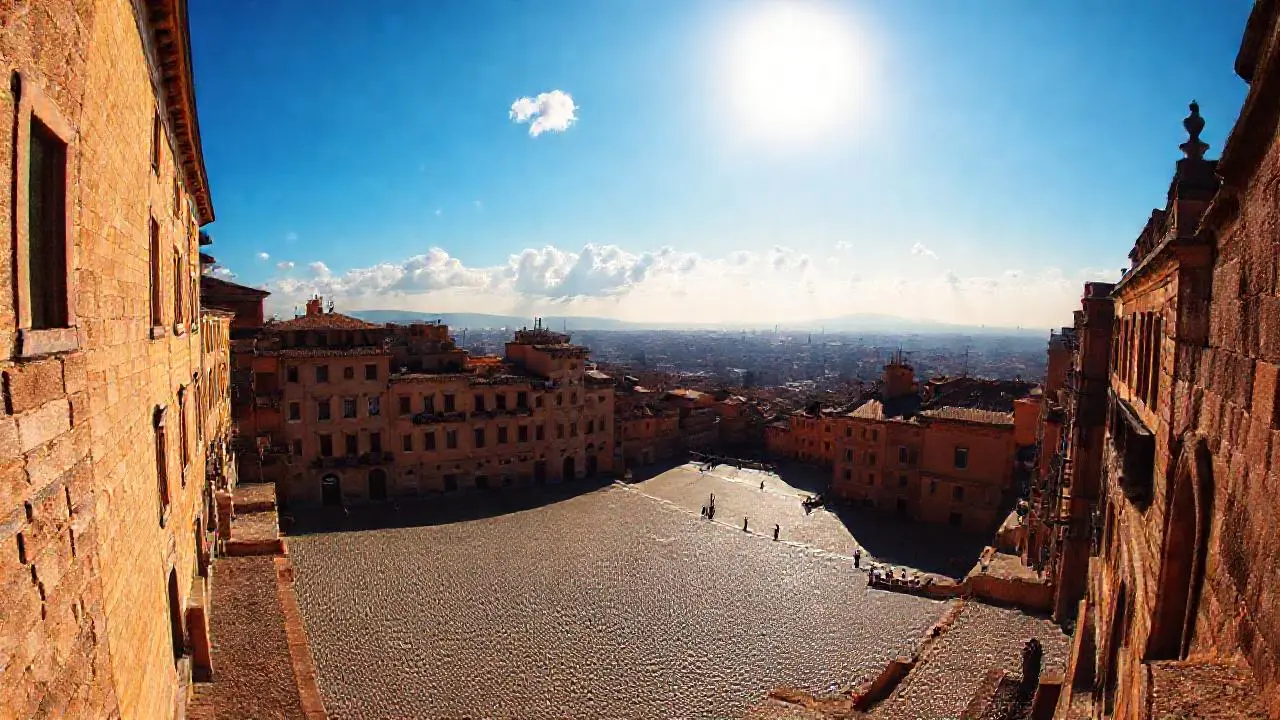 Un paisaje urbano antiguo, sereno y amplio