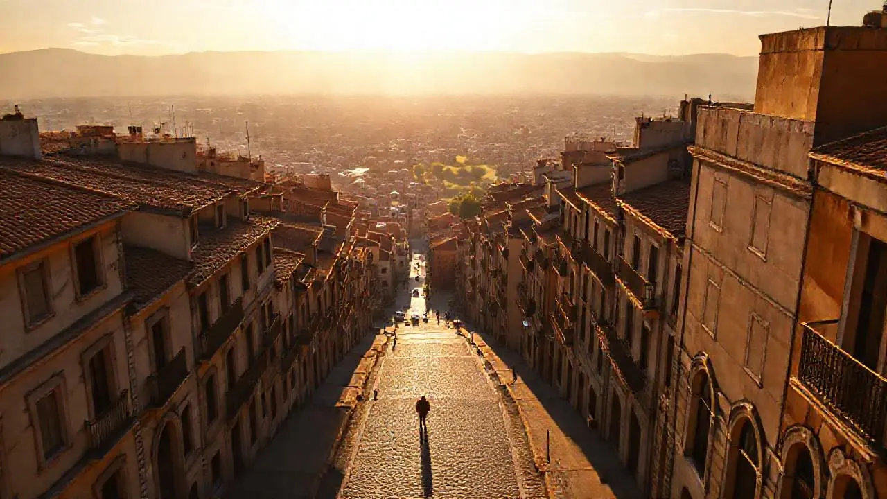 Ciudad antigua bañado por luz dorada