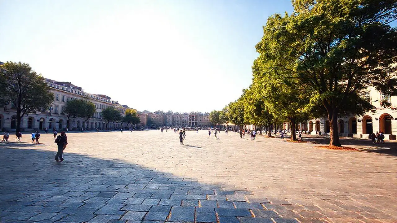 Plaza tranquila, luz cálida y espacio abierto