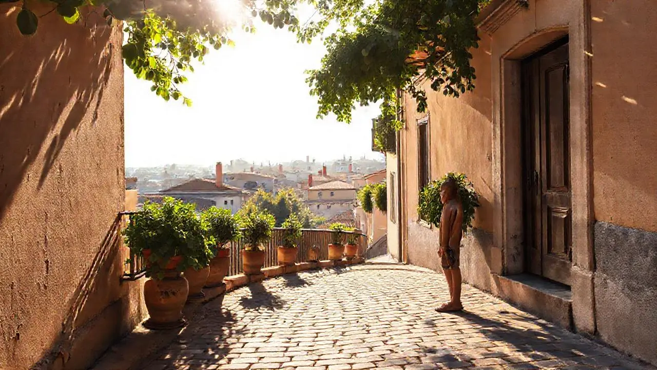 Una calle tranquila, luz cálida y ambiente sereno
