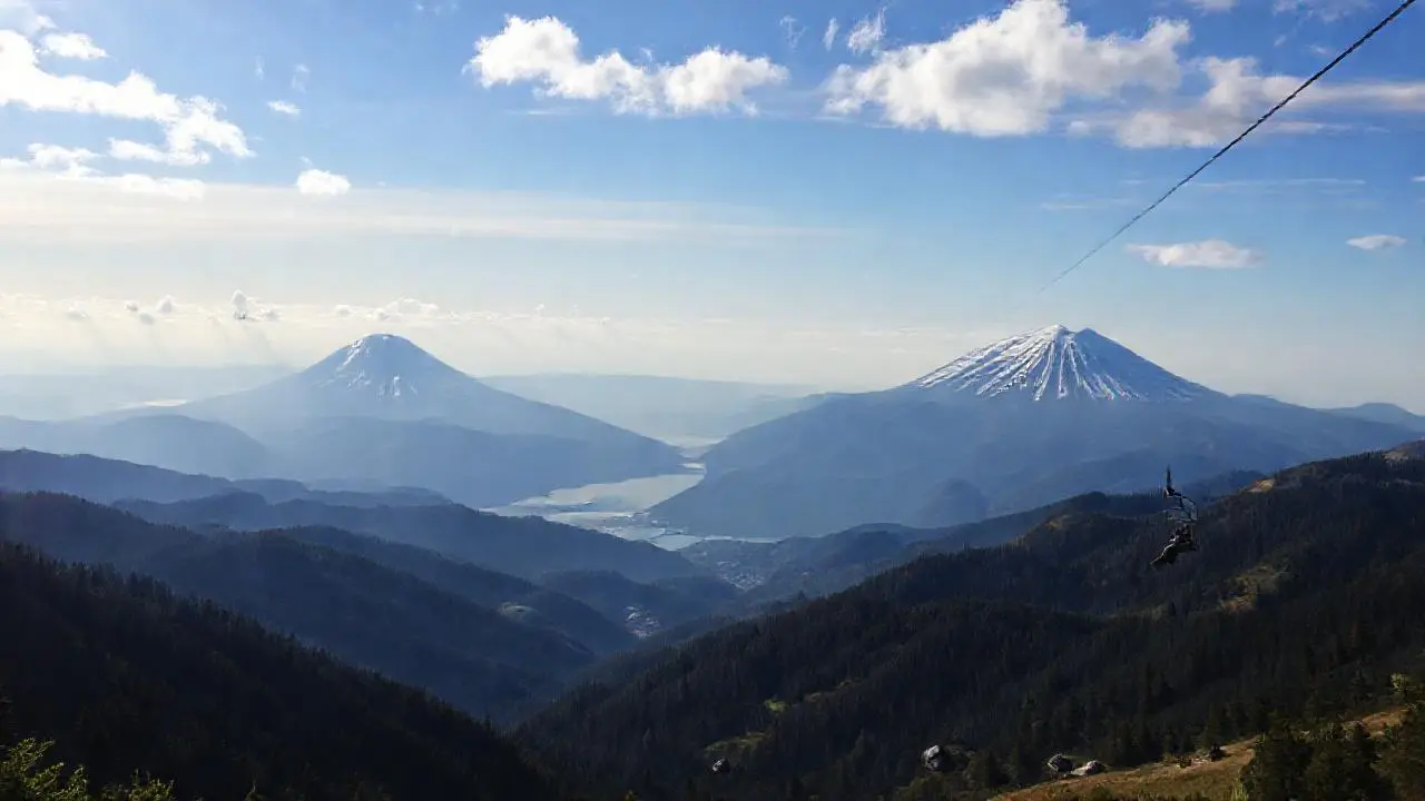 Montañas nevadas, cielo azul, y vastedad