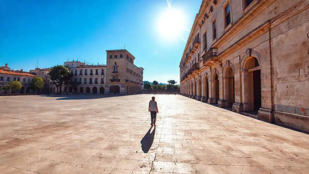 Plaza soleada, arquitectura antigua y tranquila