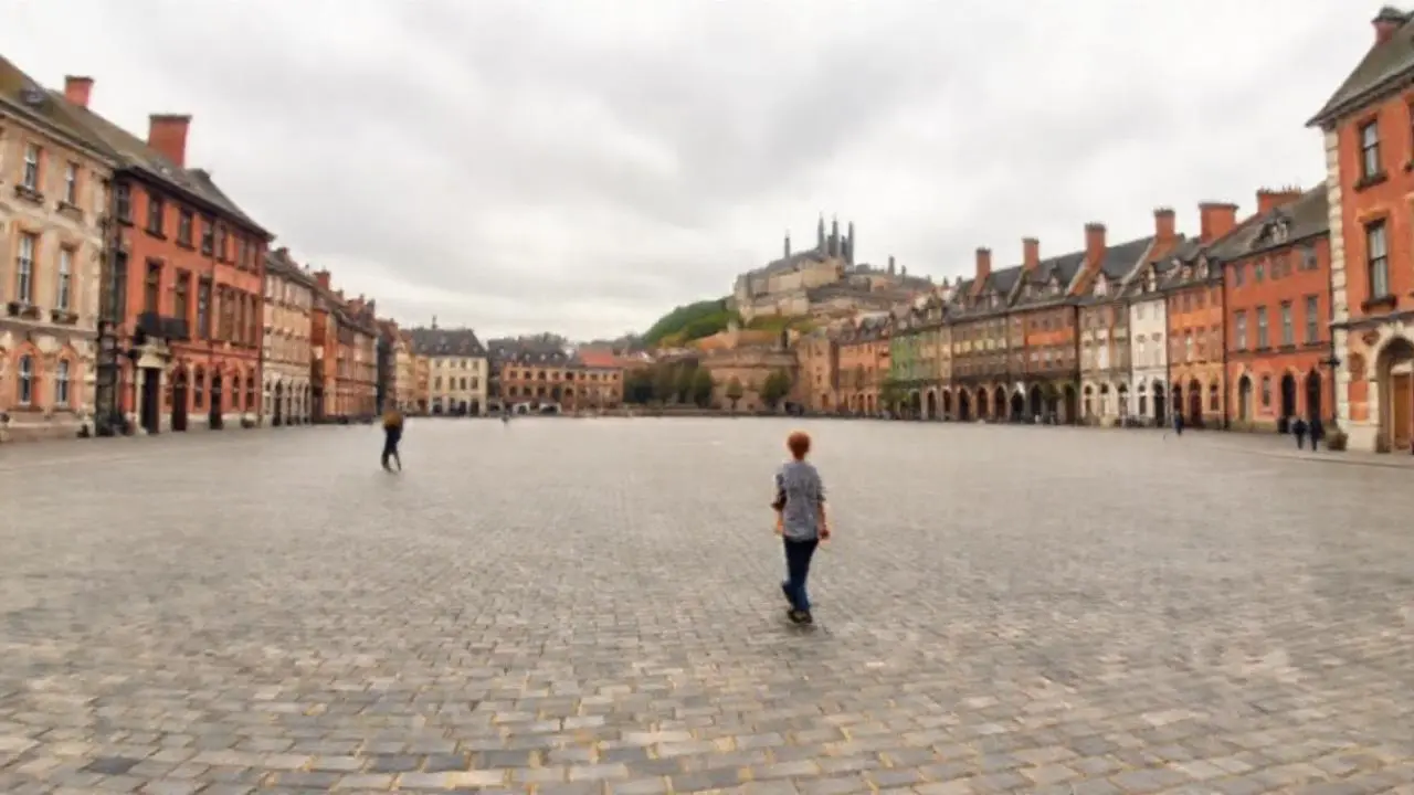 Plaza urbana histórica, tranquila y grisácea