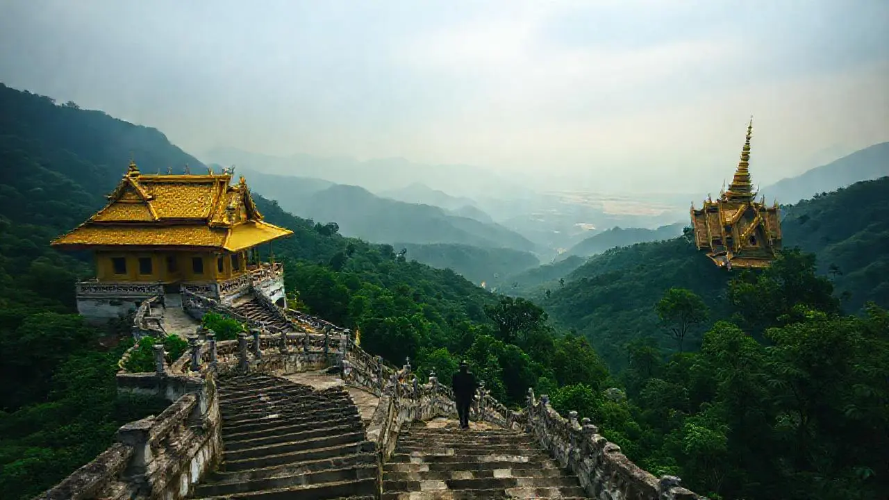 Un templo dorado se eleva en paisaje sereno