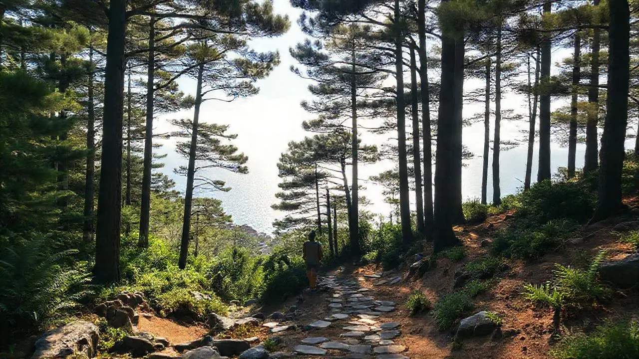 Bosque costero sereno, luz suave y natural