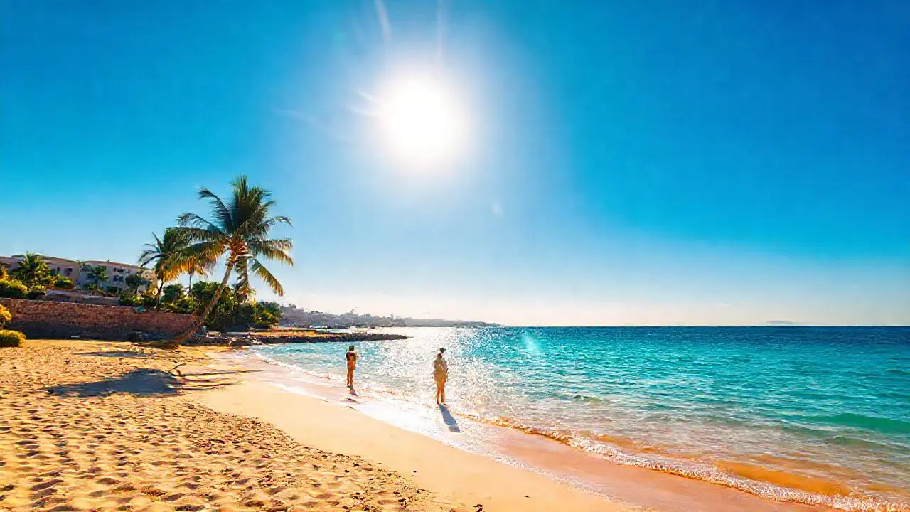 Playa tranquila, luz cálida y espacio abierto