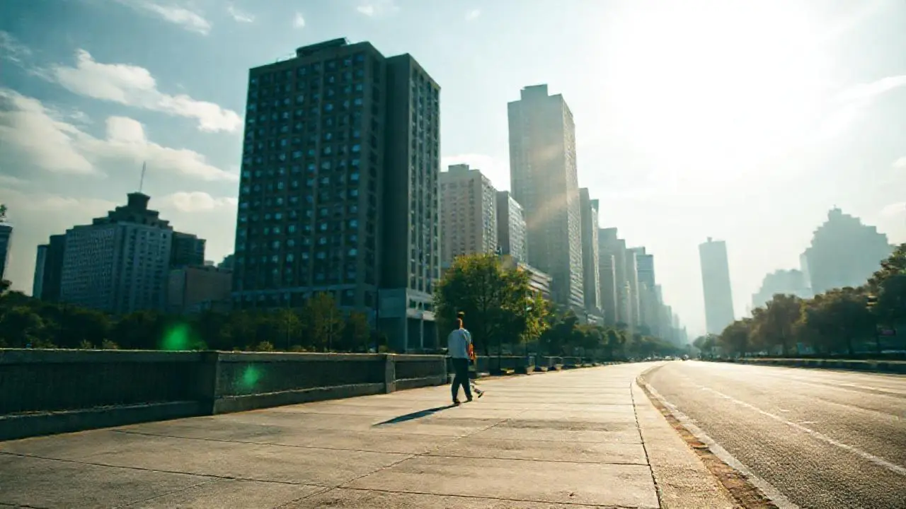 Calle urbana, luz cálida y perspectiva amplia
