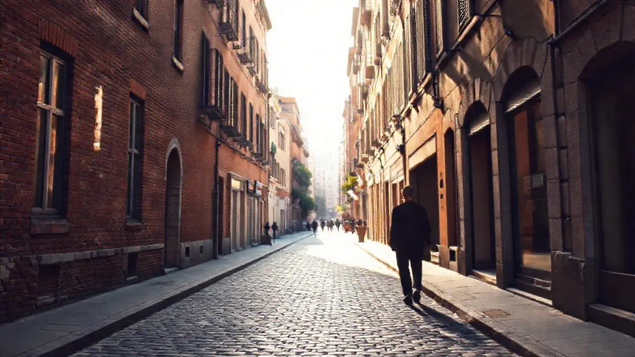 Calle urbana tranquila, luz suave y antigua