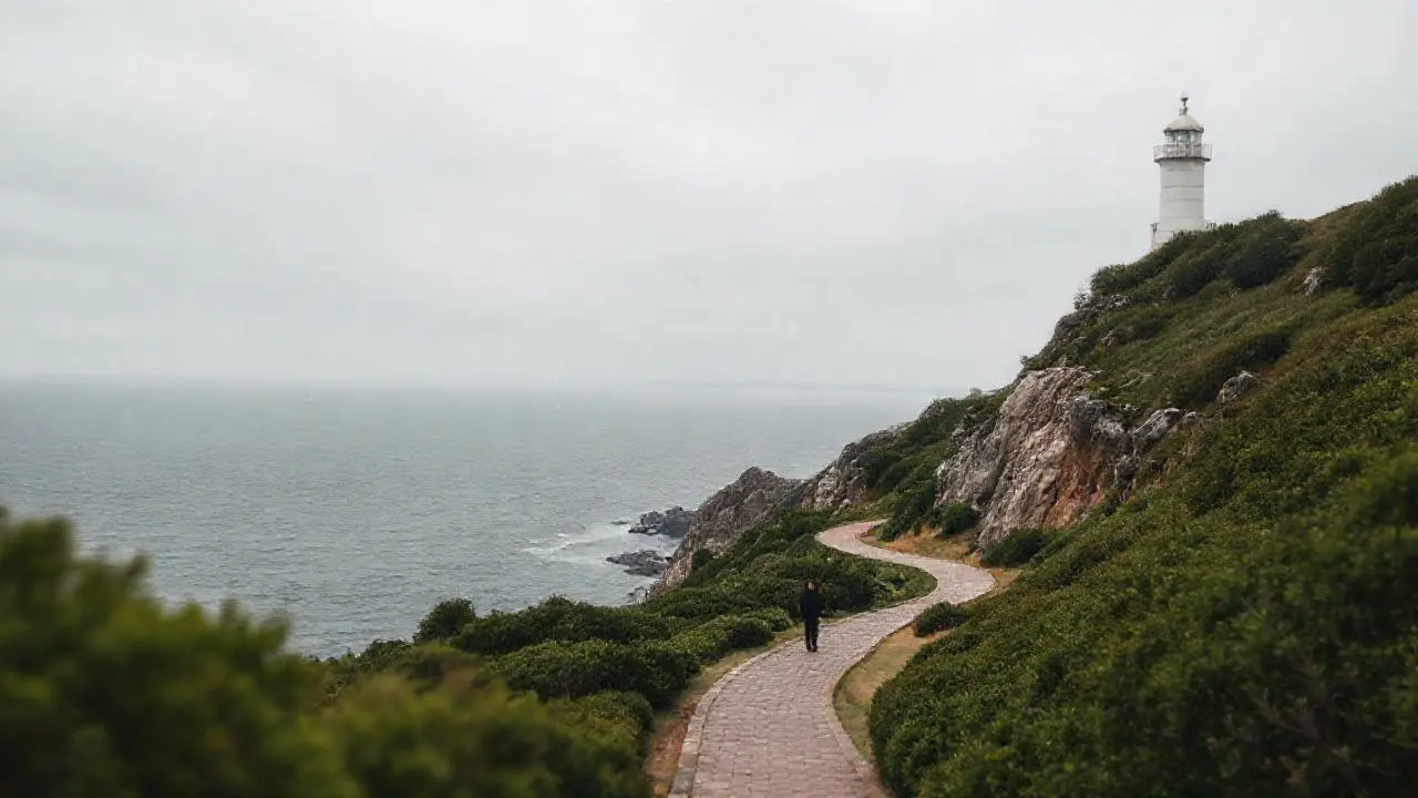 Paisaje costero amplio, brumoso y sereno