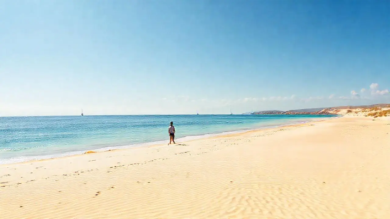 Playa tranquila, luz cálida y extensa
