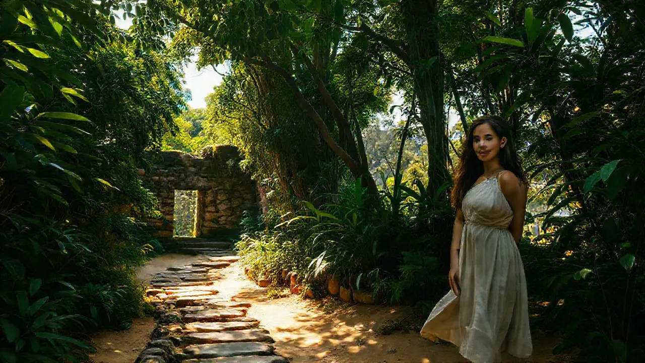 Selva maya antigua, luz dorada, mujer serena