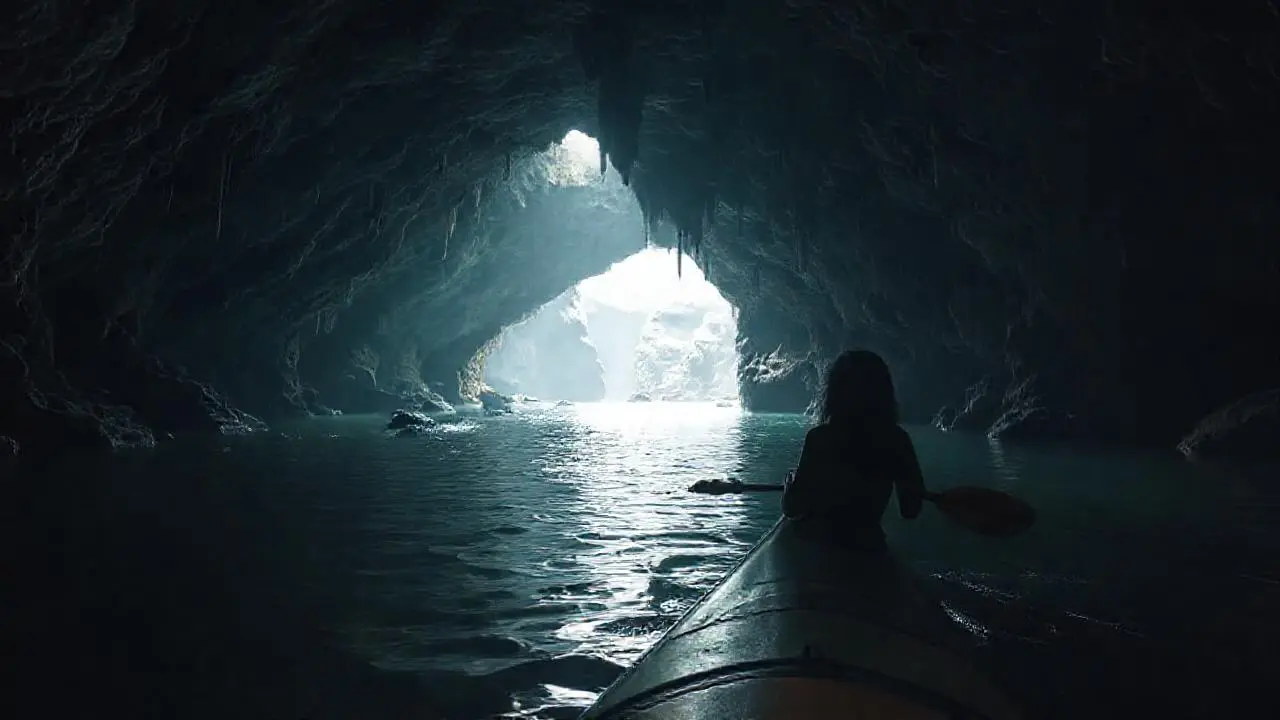 Kayakista explora una caverna subterránea serena