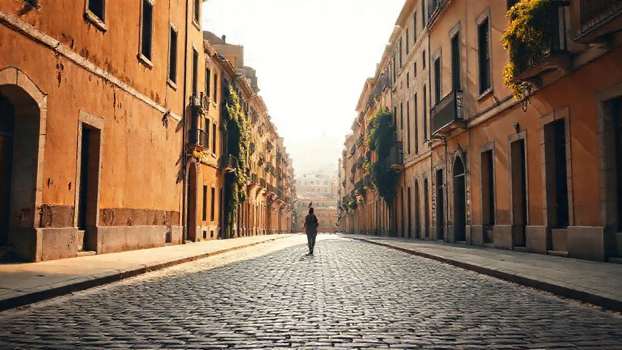 Calle tranquila, cálida, y ligeramente desvanecida