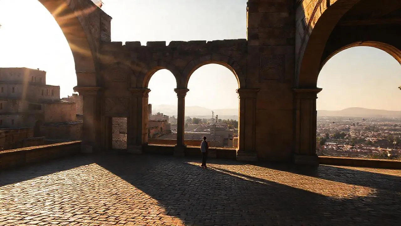 Luz suave baña una antigua, vasta plaza
