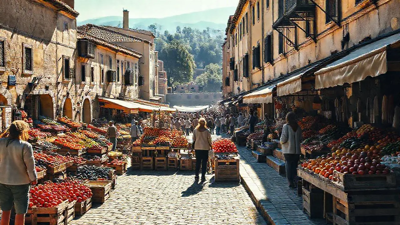 Plaza soleada, vibrante y llena de vida