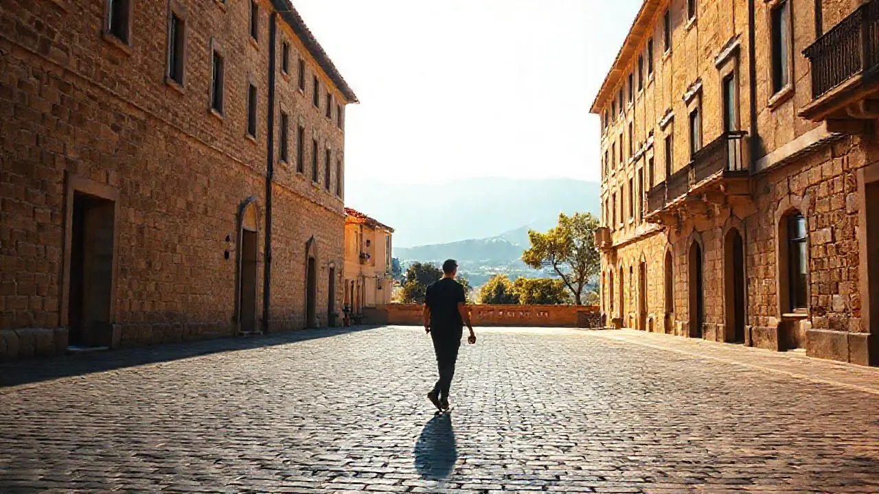 Plaza tranquila, luz cálida y profunda