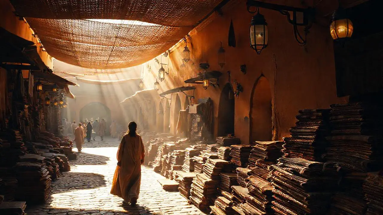 Mercado antiguo, cálido, lleno de texturas