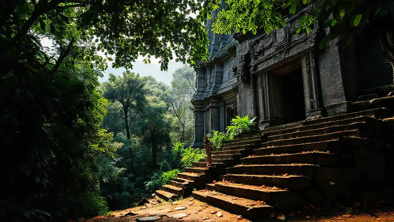 Jungle ancestral, templo imponente, figura diminuta